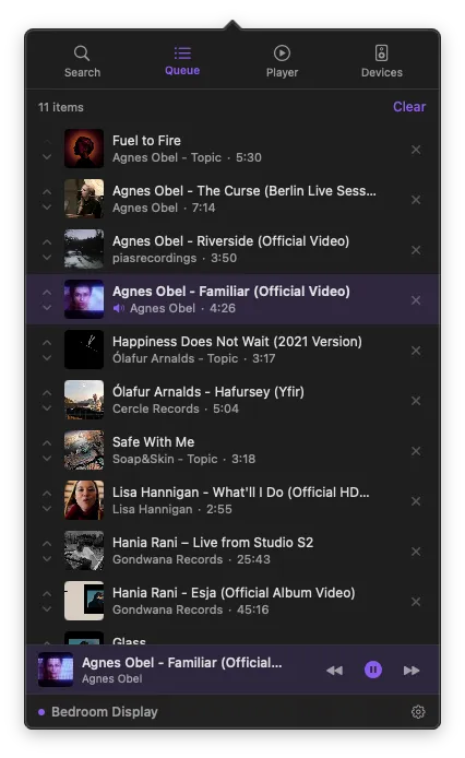 PurpleWave queue with reorderable track list