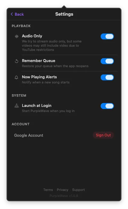 PurpleWave settings panel
