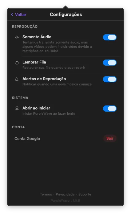 Painel de configurações do PurpleWave